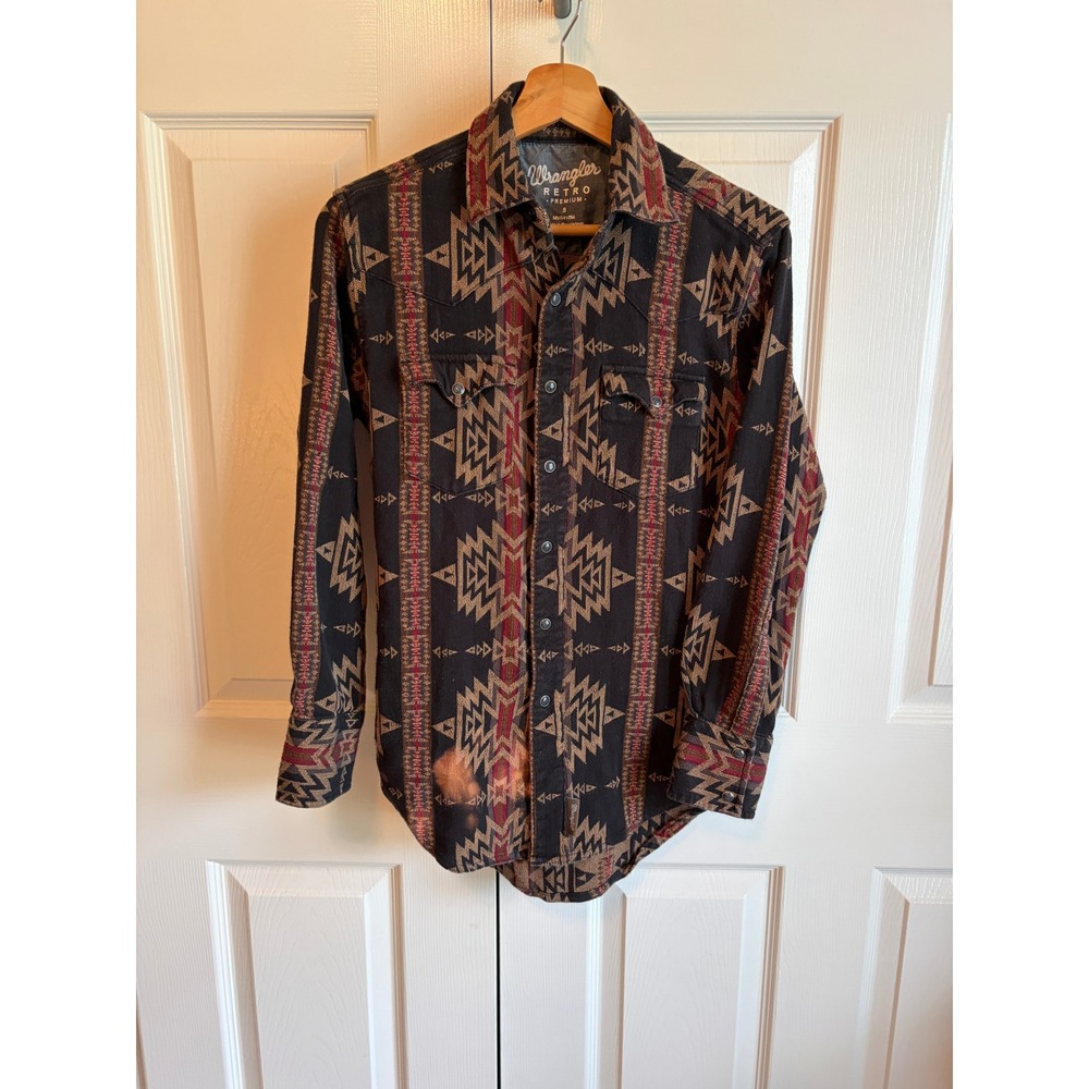 Wrangler Retro Premium Mens Small Black Aztec Southwestern Pearl Snap Shirt